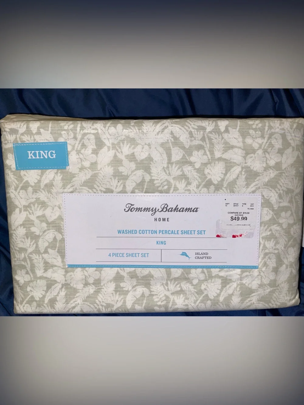 Tommy Bahama King Washed Cotton Percale Sheet Set in Green and White
